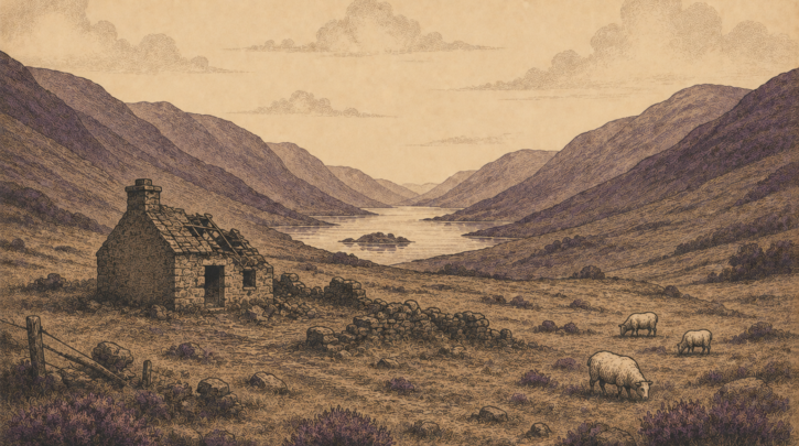 Illustration of an emptied Highland glen after the Clearances