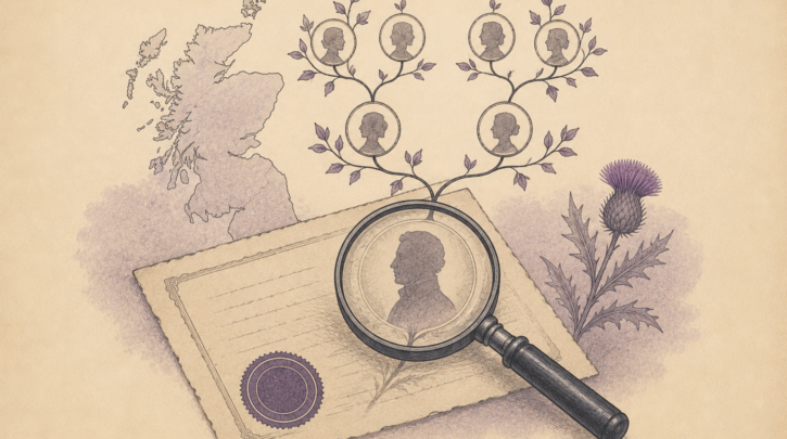 Illustration of tracing a Scottish family tree from an old document