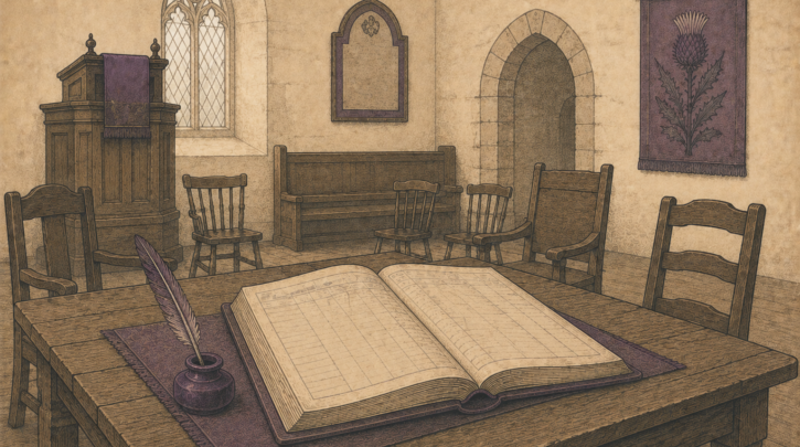 Illustration of a Scottish kirk session record book