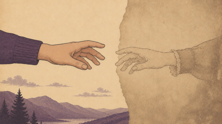 Illustration of hands reaching across generations to reclaim Scottish heritage
