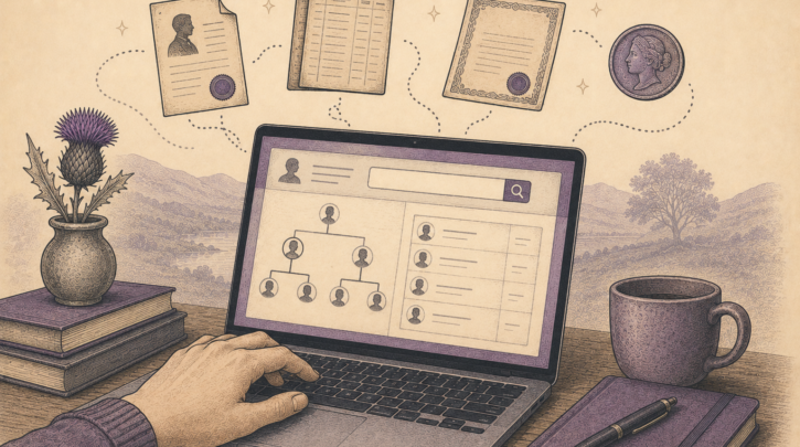 Illustration of searching the ScotlandsPeople genealogy database