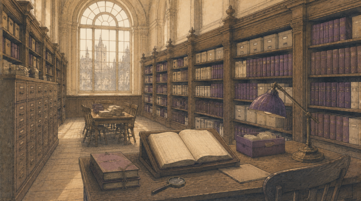 Illustration of researching Scottish records in person at a historic archive