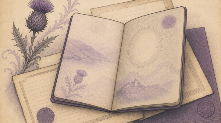 Illustration of a passport representing British citizenship through Scottish ancestry