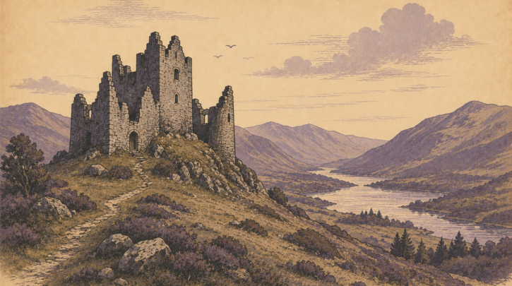 Illustration of a Highland clan castle and its surrounding glen