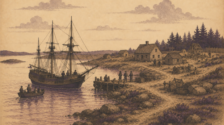 Illustration of Scottish emigrants arriving in Nova Scotia, Canada