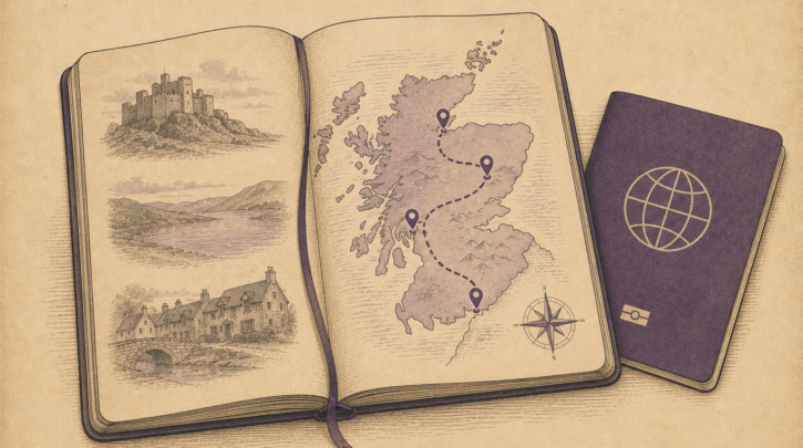 Illustration of planning a heritage trip route through Scotland