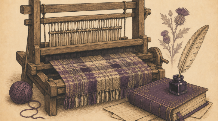 Illustration of a loom weaving tartan cloth, evoking its true history