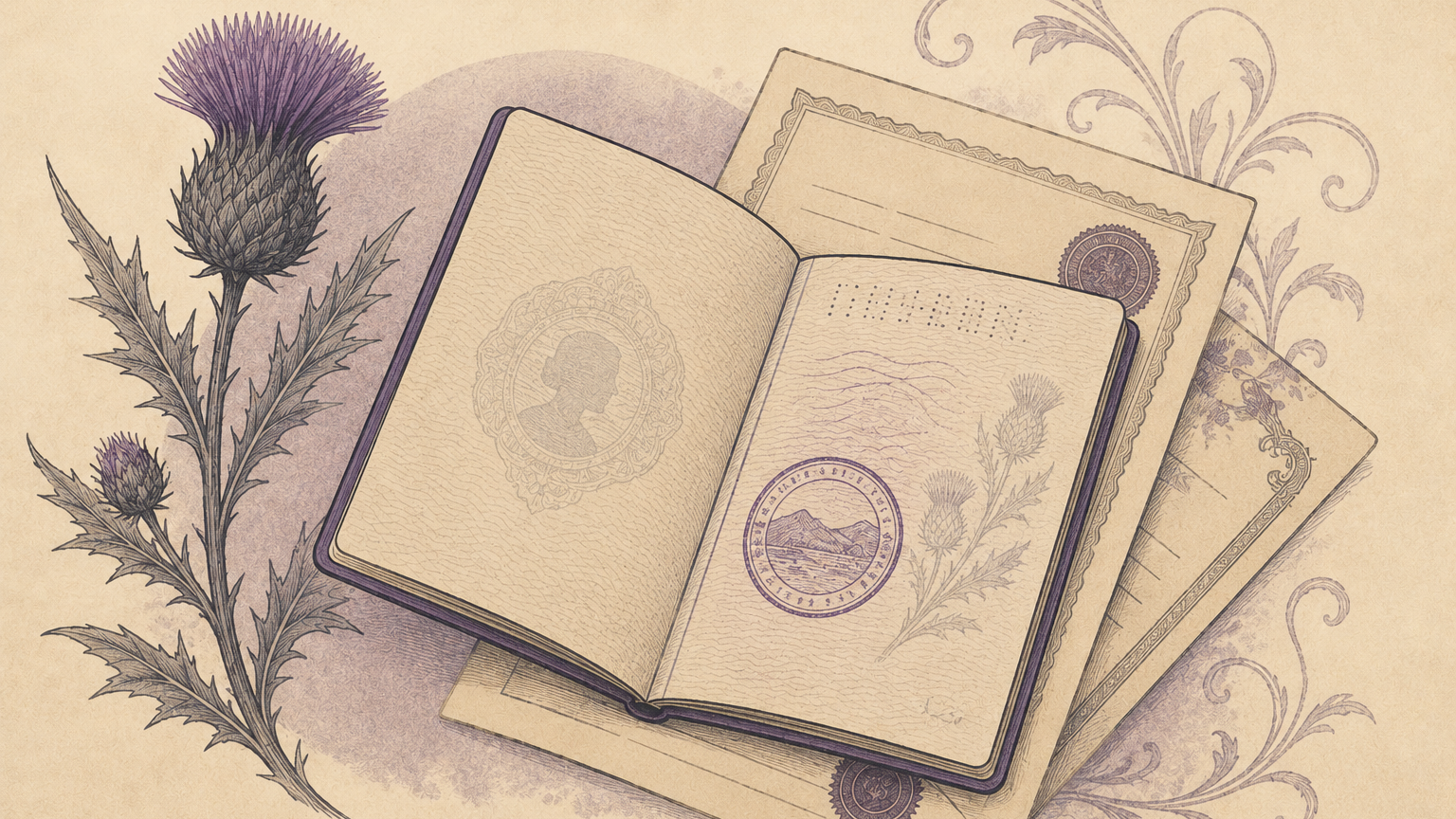 Illustration of a passport representing British citizenship through Scottish ancestry