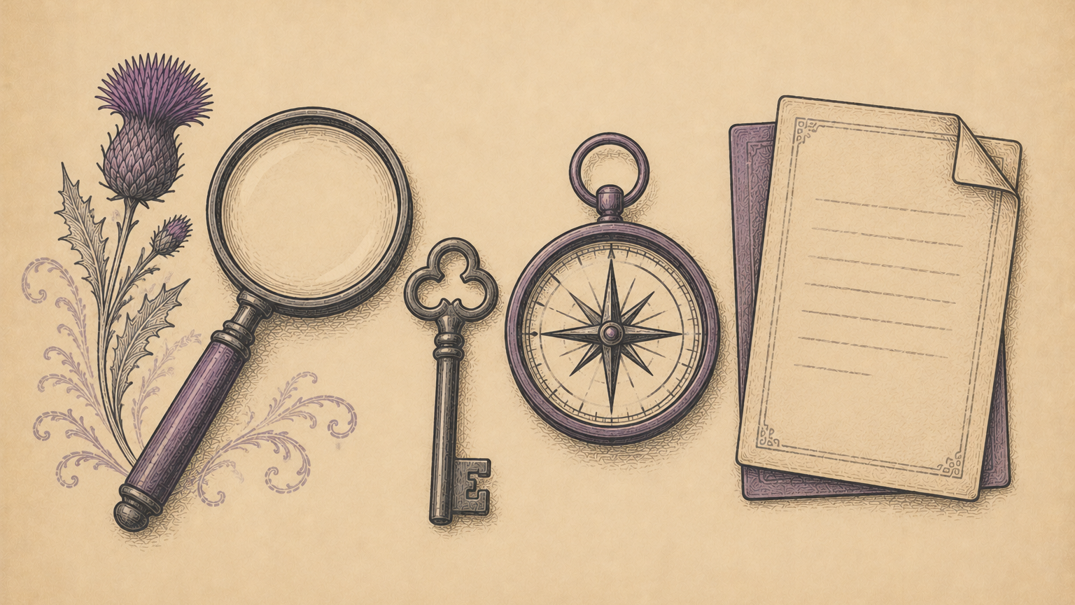 Illustration of a Scottish genealogy research toolkit