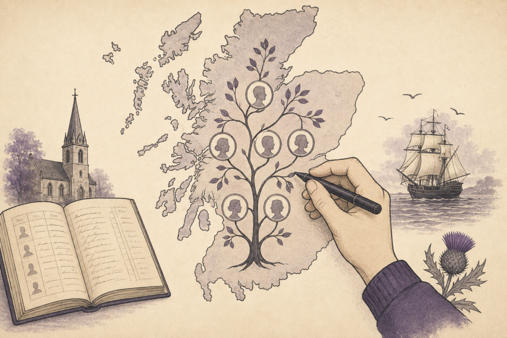 Illustration of a Scottish family tree traced across a map of Scotland